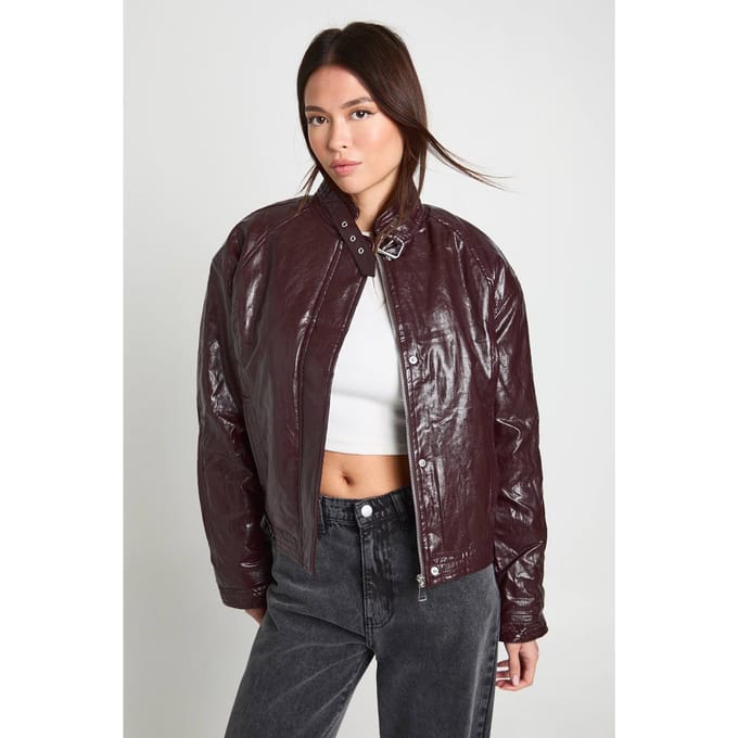 boohoo Dames Kunstleren Bomber | Burgundy | Maat: 10