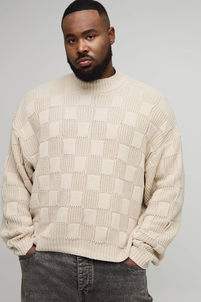 Plus Oversized Roll Neck Rib Mixed Cable Knitted Jumper | Stone | Size 2XL