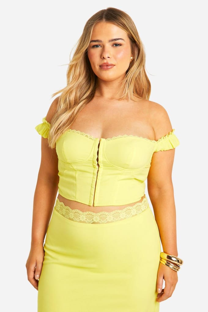 boohoo Dames Plus Haak-en-Oog Off-Shoulder Corset Top | Citroen | Maat: 46
