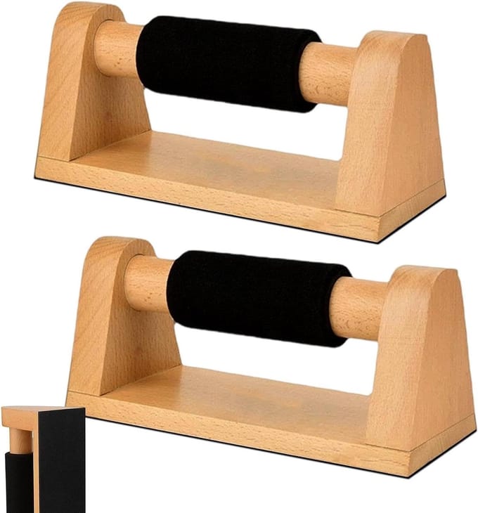 Krachtstang Handgrepen - Houten Grepen - Vloertraining - Antislip Basis - 2 Stuks - Houtkleur