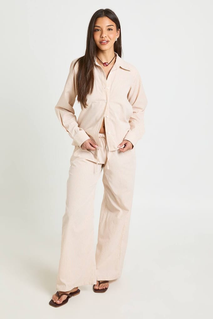 boohoo Dames Katoenen Popeline Gestreepte Wijde Broek | Abrikoos | Maat: 34