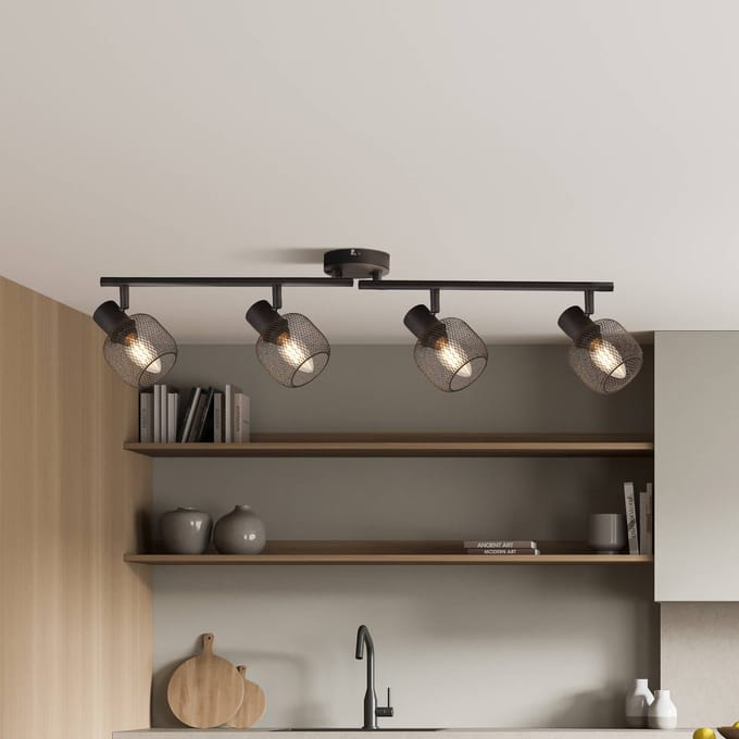 Searchlight Plafondspot Meshy, zwart, metaal, 4-lamps, E14, 79 cm