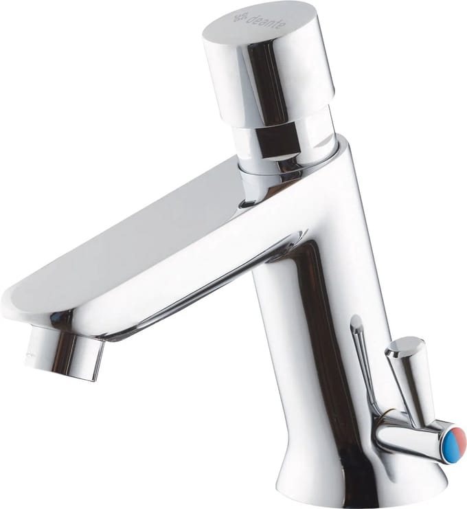Timed washbasin mixer with temperature control - without closing the drain