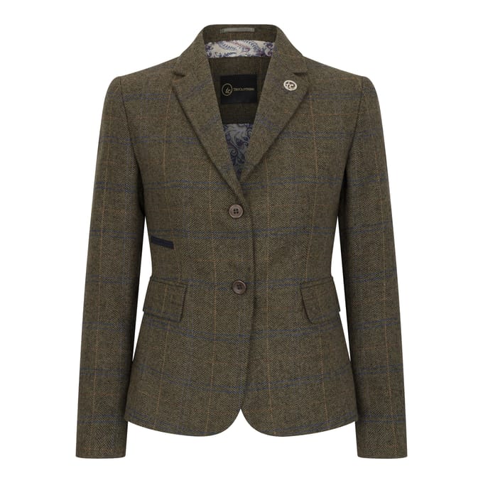 Dames olijfgroene tweedblazer met visgraatmotief