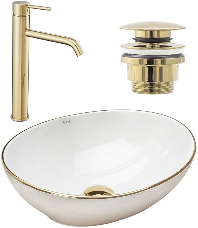 Rea Sofia Opzetwastafel White Wit + Wastafelkraan Lungo High Goud + Kurk Goud