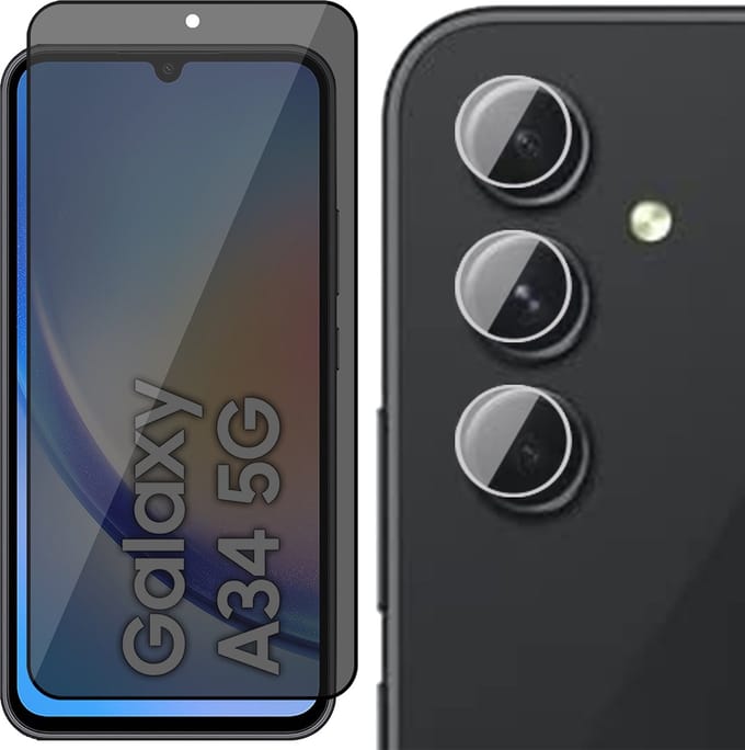 Privacy Screenprotector geschikt voor Samsung Galaxy A34 - Camera Lens Screen Protector & Glas Screen Protector FullGuard