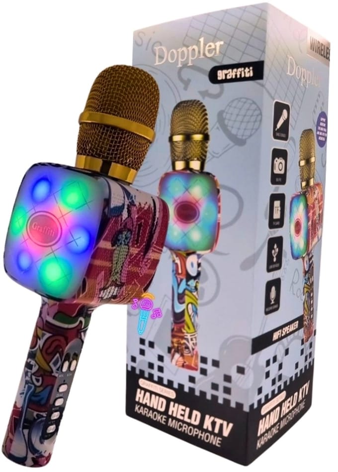 Doppler Graffiti Karaoke Microfoon – Bluetooth & Bedraad – Stemvervorming, Opnamefunctie & RGB Verlichting – 5W Speaker