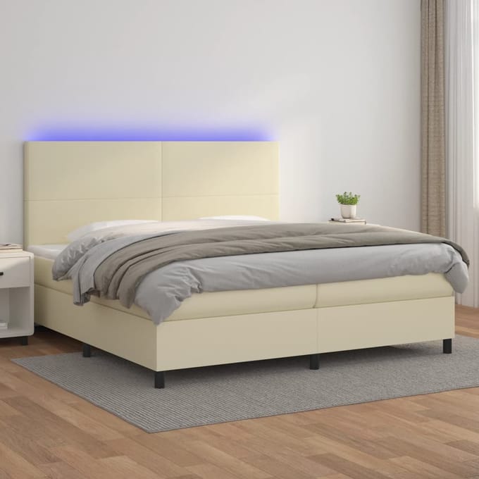 vidaXL - Boxspring - met - matras - en - LED - kunstleer - crèmekleurig - 200x200 - cm