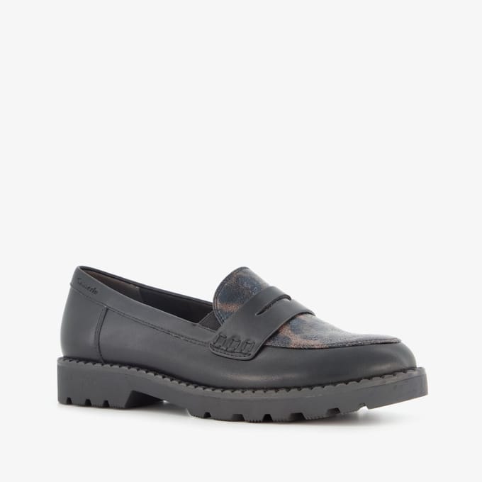 Tamaris dames loafers met panterprint details zwart