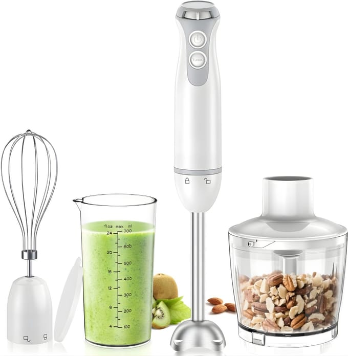 KAD® Staafmixer Set - Staafmixer met Hakmolen Set – Multi-Functionele Handmixer – Inclusief Mengbeker & Garde - Wit - 18cm x 7cm x 39cm