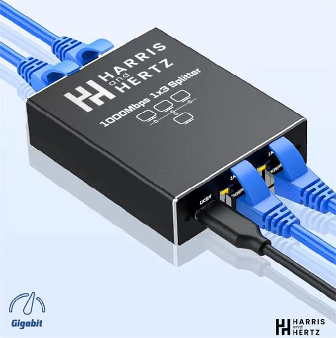 Harris and Hertz - Ethernet Gigabit Netwerksplitter - 1 Naar 3 - 1000/100Mbps Ethernet-splitter - Met USB-Voedingspoort - Netwerk Switch