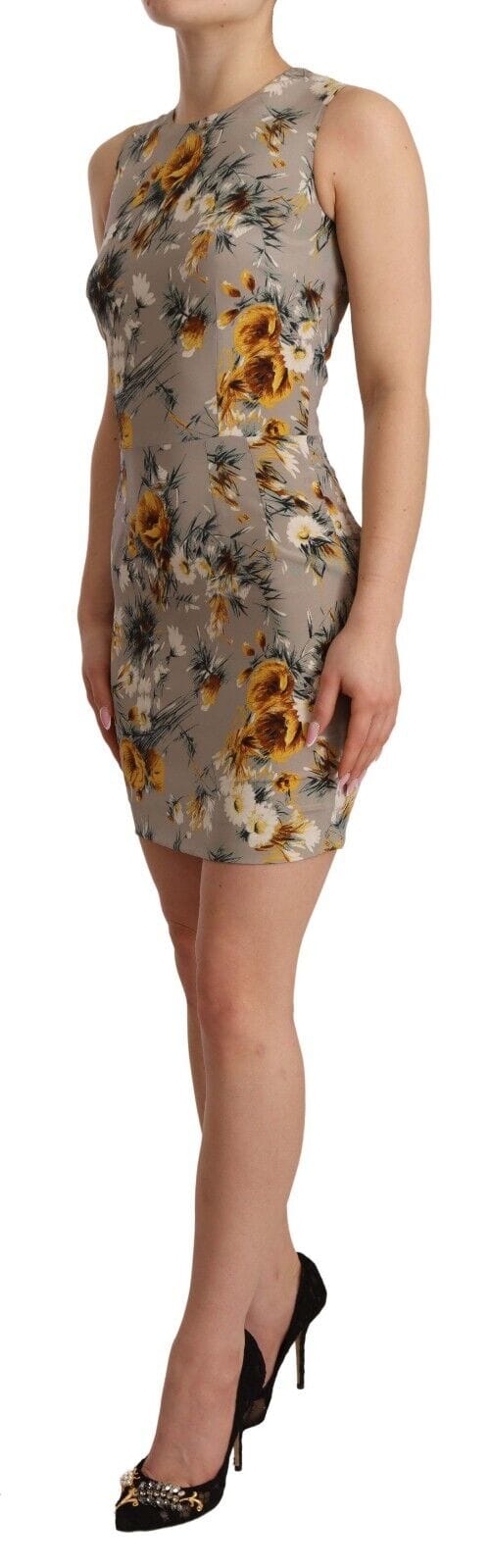 Dolce & Gabbana Dames Grijze Zijde Stretch Bloemen Strakke Mini Jurk
