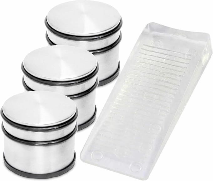 3x RVS deurstopper met rubberen bescherming + gratis deurwig transparant - 9 x 7.5 cm - 1.1 kg