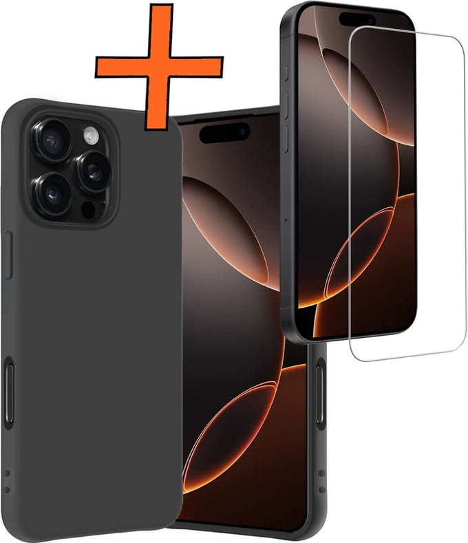 Hoes - Met Screenprotector - Geschikt voor Apple iPhone 16 Pro Max - Sterk & Shockproof - Back Cover - Siliconen Case - Telefoon Hoes - Zwart