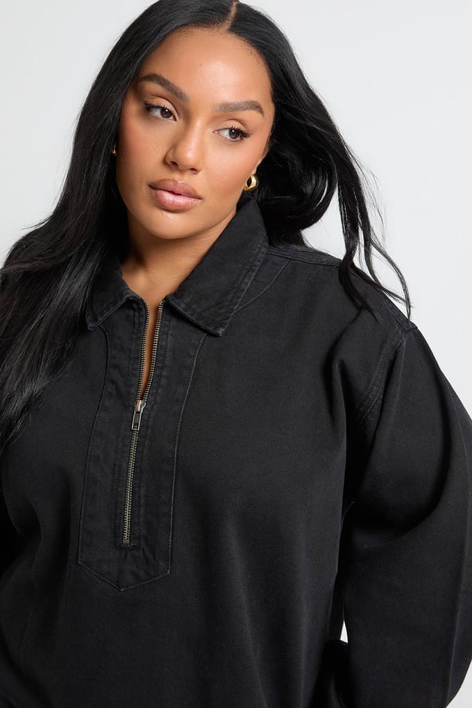 boohoo Dames Plus Denim ritssluiting shiftjurk | Washed Black | Maat: 20