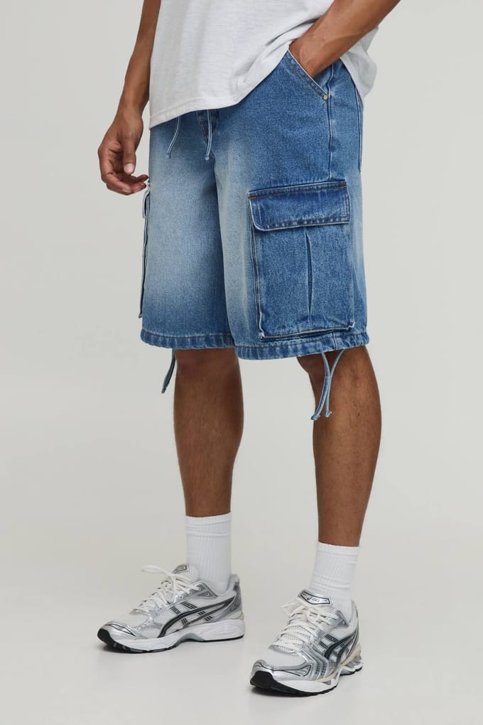 Baggy Applique Cargo Denim Shorts | Mid Blue | Size 60
