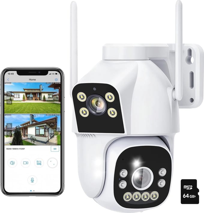 2MP+2MP Bewakingscamera Buiten met 360° PTZ, Nachtzicht, Twee-Weg Audio en Bewegingsdetectie