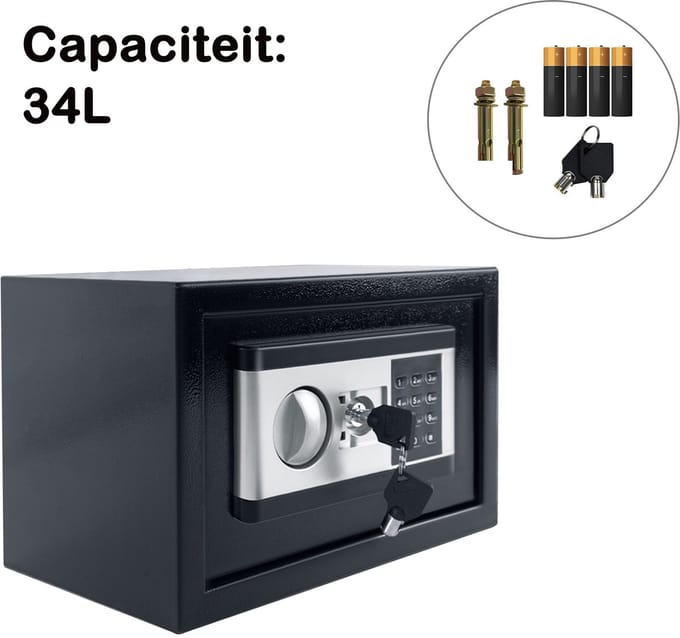 Elektronische Kluis met Codeslot & Sleutel 38 x 30 x 30cm – Geldkluis / Documentenkluis – Compacte Safe voor Thuis & Kantoor – Zwart/Zilver