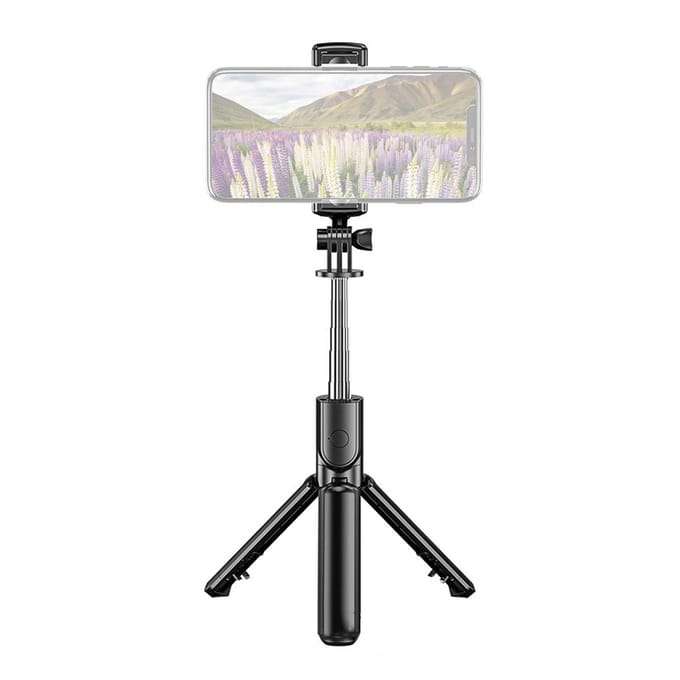 Mini perche à selfie extensible à 5 sections intégrée à un trépied de table avec télécommande BT noir