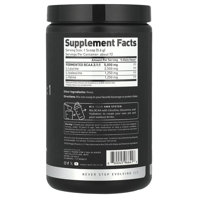 Kaged, BCAA 2:1:1, non aromatisé, 14,2 oz (403.2 g)