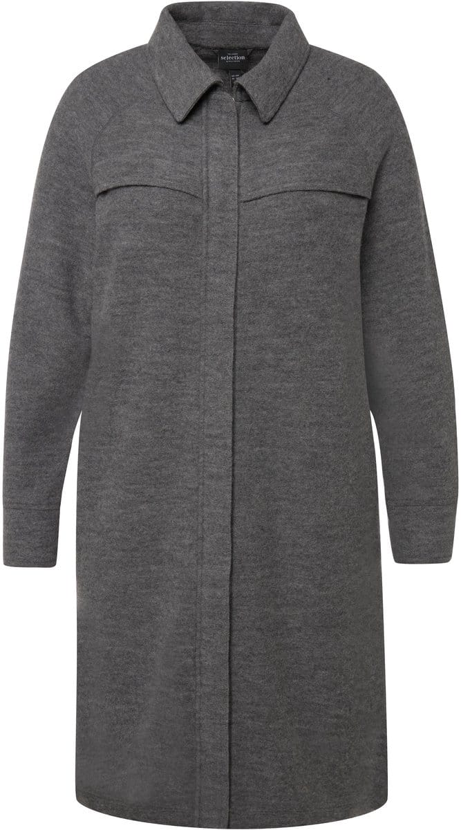 Ulla Popken - Dames - Mantel boiled wool hemdkraag 2-wegrits - Lichtgrijs melange - Maat 50+