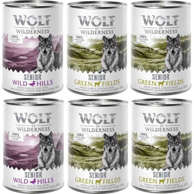 6 x 400 g Wolf Of Wilderness Lam & Kip, Eend & Kalf Honden Natvoer
