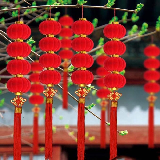 Avec Nœud Chinois Lanternes String Nouvel An Pompons Petite Taille Velours Rouge Lanternes Suspendues Plastique DIY Arbre other