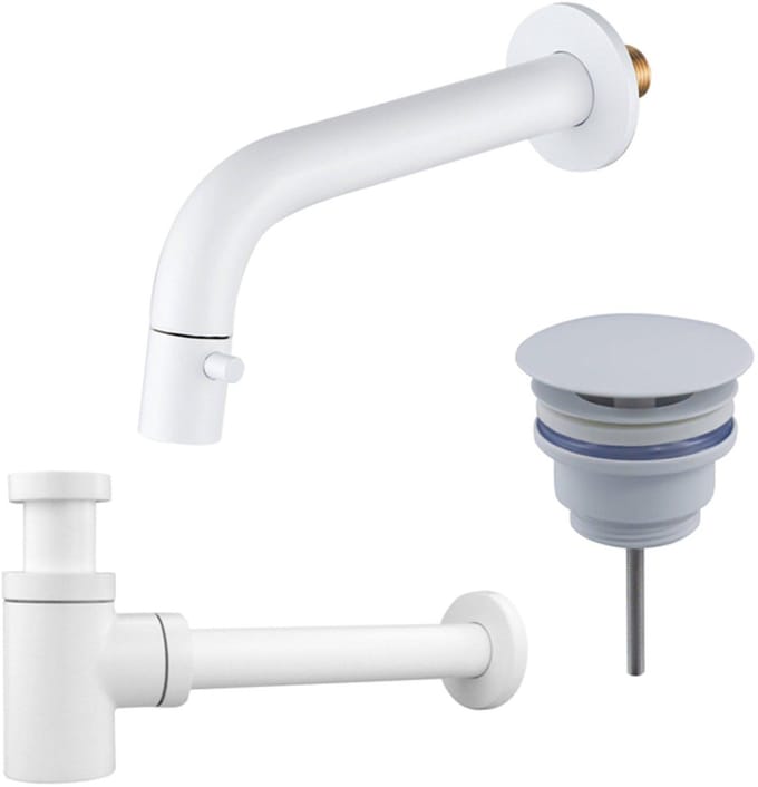 FugaFlow Eccelente Acces Fonteinkraanset - inbouw - uitloop 18cm - inkortbaar - sifon - always open plug - mat wit