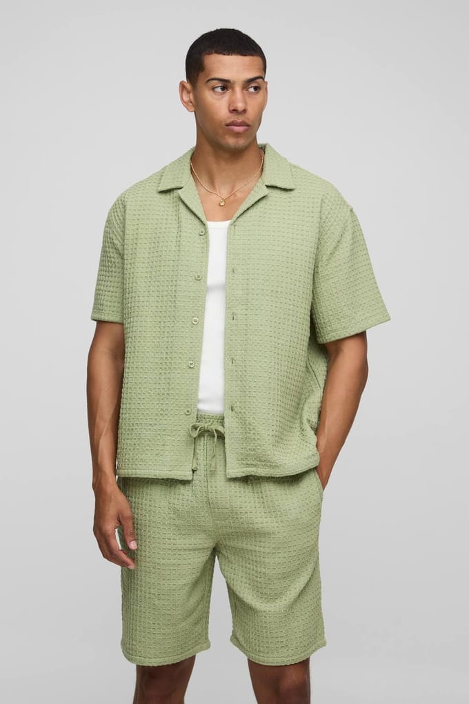 Oversized Jumbo Waffle Revere Shirt and Shorts Set | Sage | Size Small