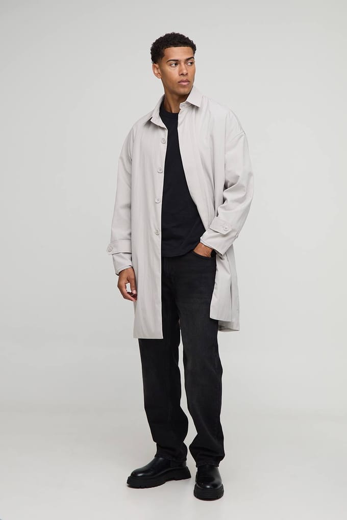 Oversized Fit Single Breasted Nylon Car Coat | Grey | Size Medium