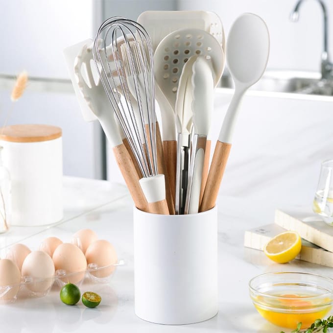Ensemble d'ustensiles de cuisine en silicone, antiadhésifs, résistants à la chaleur, 10 pièces blanc