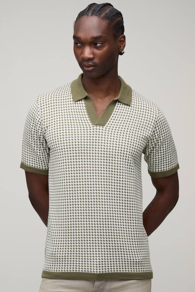 Tall Regular Fit Revere Houndstooth Knitted Polo T-Shirt | Olive | Size Medium