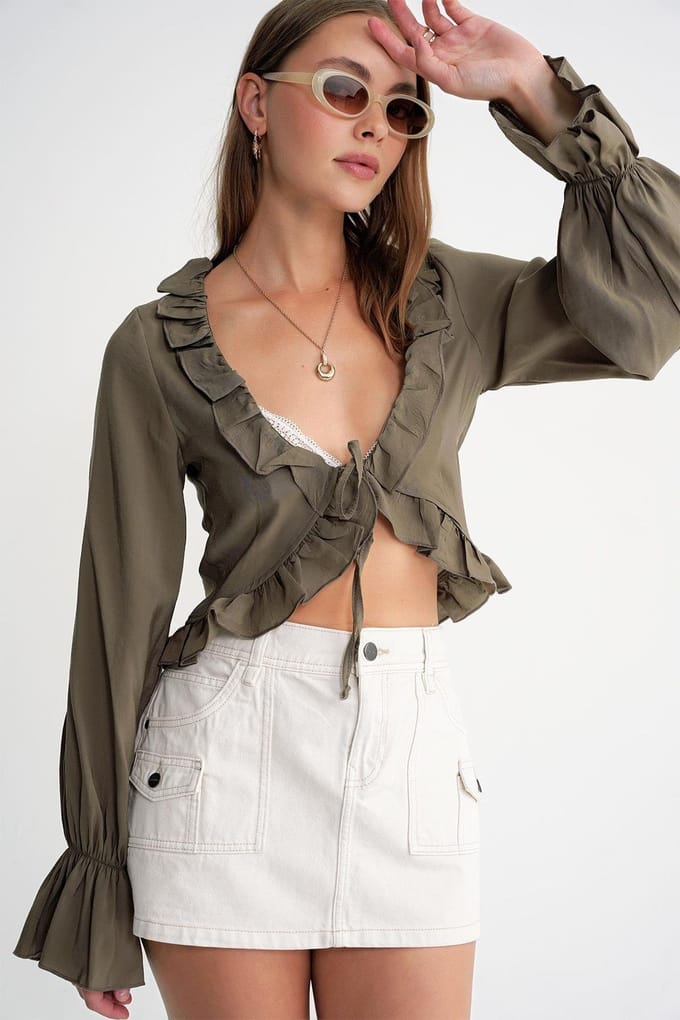 Frilly V-hals Lange Mouw Crop Blouse
