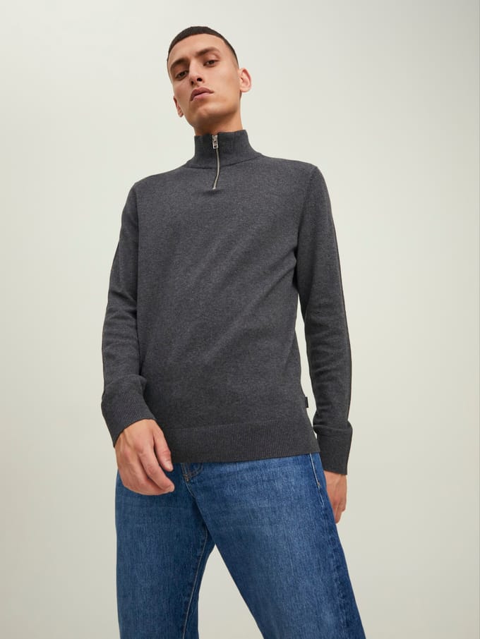 Jack & Jones - Heren Trui Emil Knit Half Zip - Grijs - Maat XXL