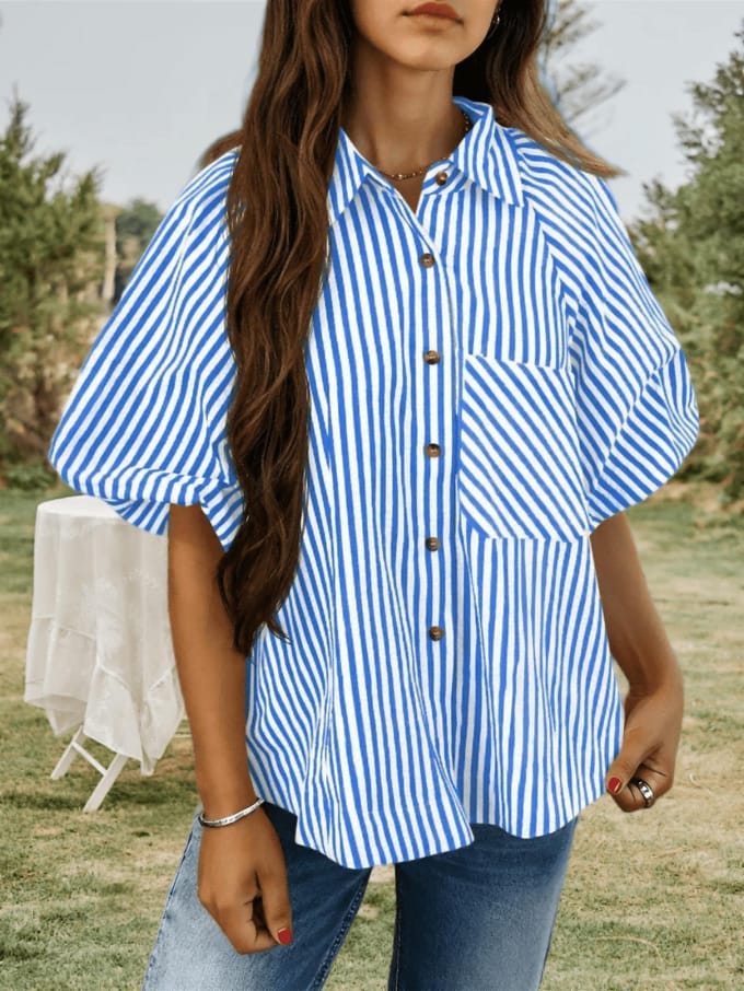 Dames gestreepte pofmouw blouse V-hals met kraag knoopsluiting losse top M blauw