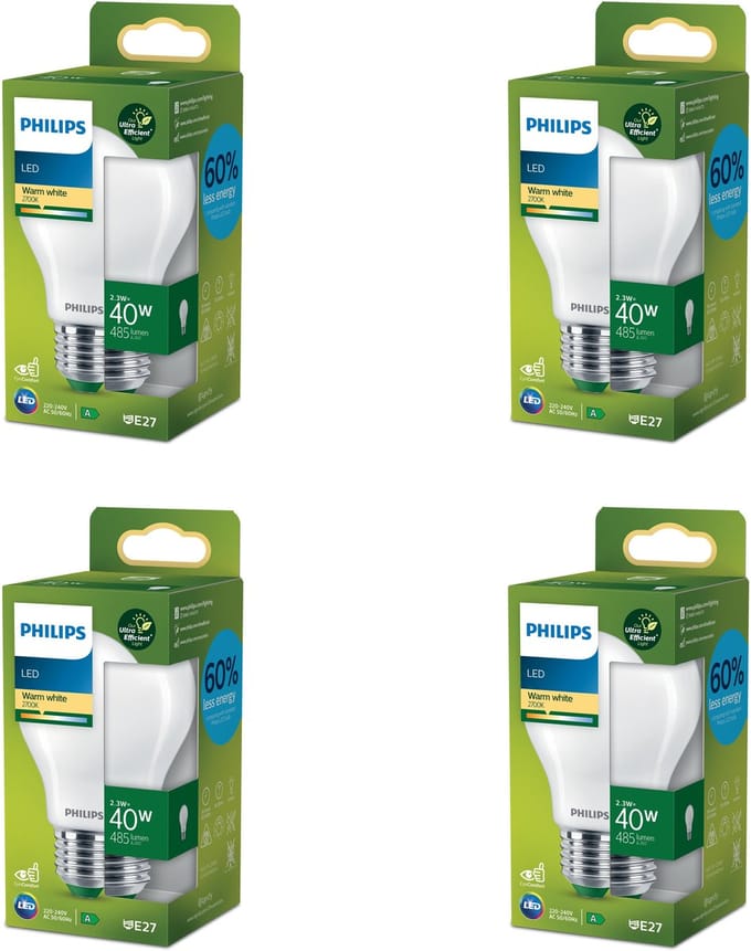 Philips Voordeelverpakking - E27 - Ultra Efficient - LED Standaard lamp - Mat - 40W - Niet Dimbaar - Warmwit Licht - Set van 4 Stuks