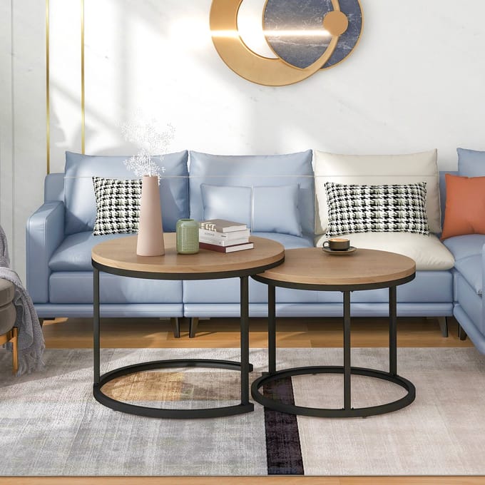 Wishdor Ronde nesting salontafel set (2-delig) — eikenlook MDF blad, stevig metalen frame, stapelbaar en modern