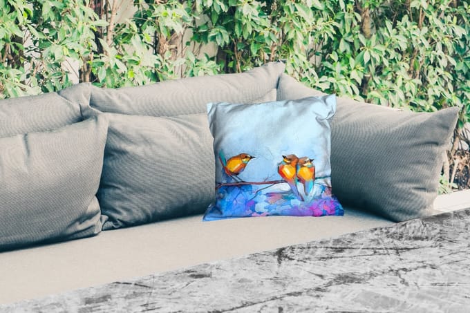 Tuinkussen - Schilderij - Olieverf - Vogel - Tak - 40x40 cm - Weerbestendig