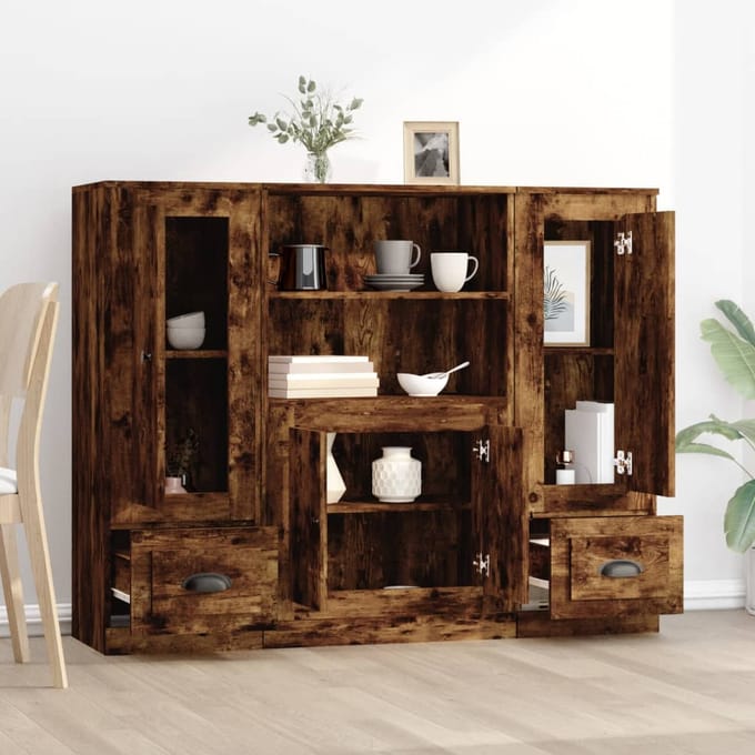 vidaXL - Hoge - kasten - 3 - st - bewerkt - hout - gerookt - eikenkleurig
