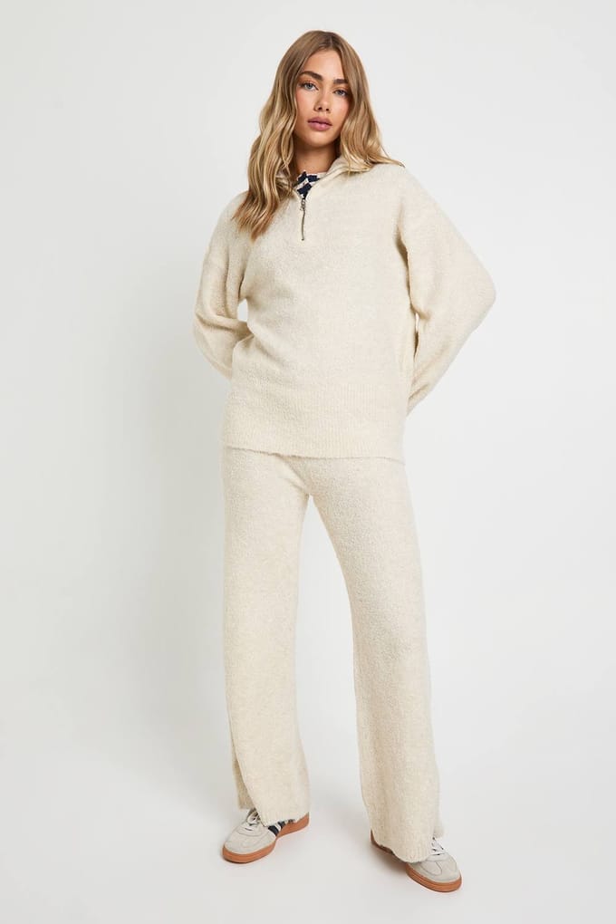 boohoo Dames Half Zip Oversized Trui en Wijde Broek Borg Gebreide Co-ord | Cream | Maat: Medium
