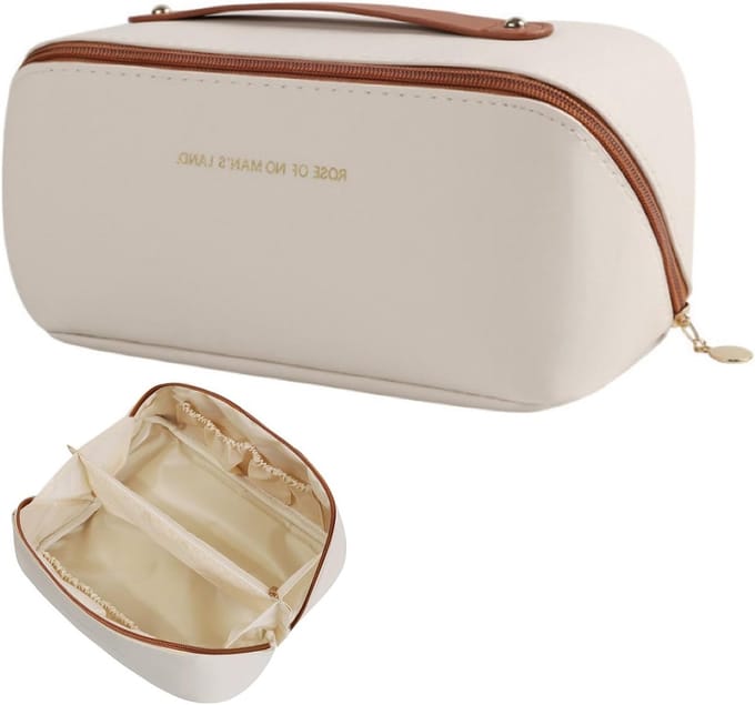 Cosmetic bag grote capaciteit - bruin-wit - met handvat - ideaal voor reizen - ShopVlot