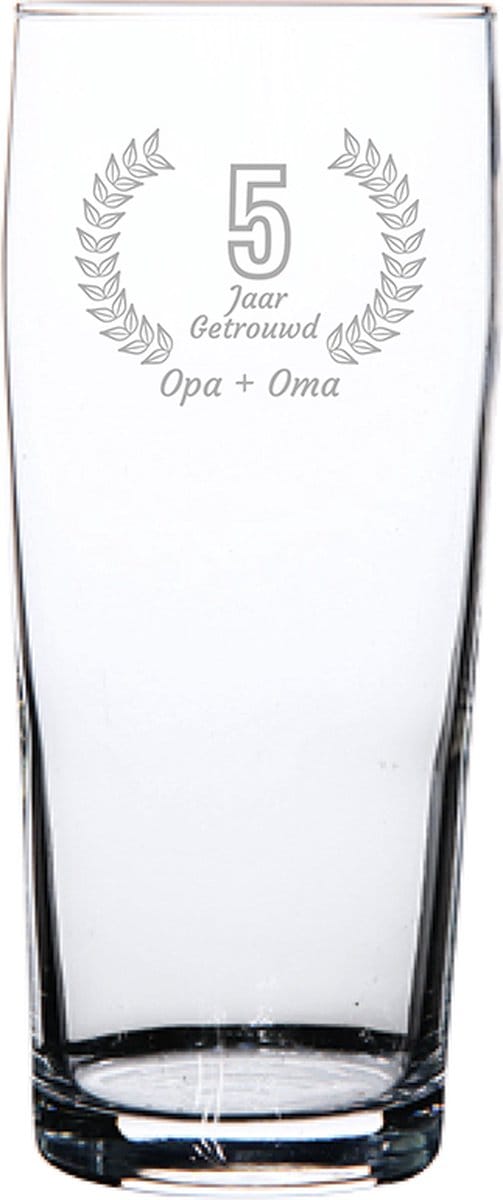 Gegraveerde bierfluitje 19cl Opa + Oma 5 jaar getrouwd