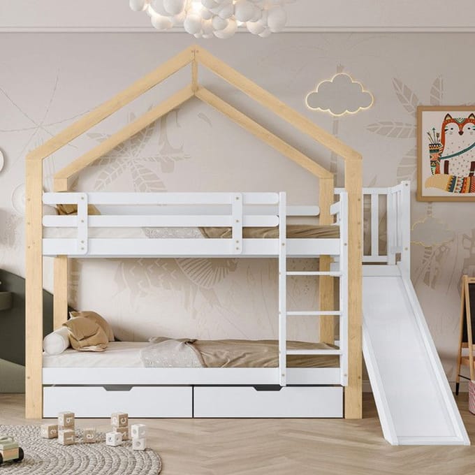 Lit superposé - 90x200 cm - Bois massif - Toboggan - Échelle inclinée sécurisée blanc