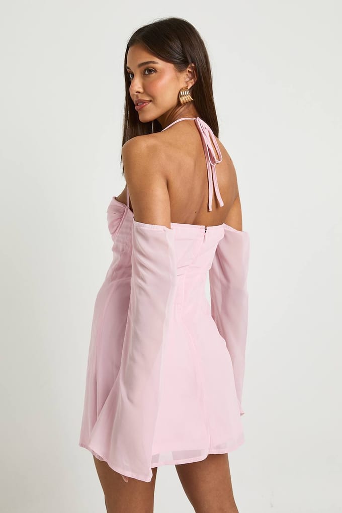 boohoo Dames Chiffon Mini Jurk met Lange Mouwen | Pink | Maat: 16