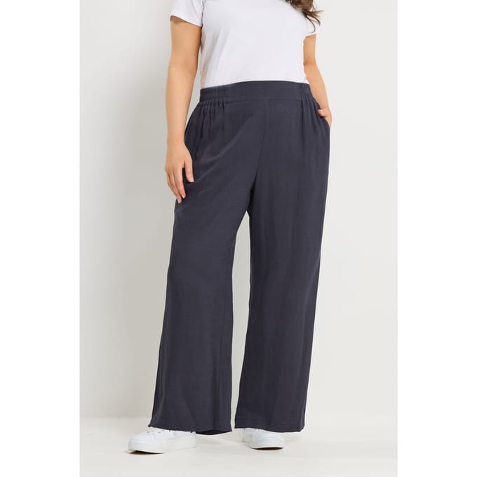 Yours Marineblauwe Linnen Pullon Broek Met Wijde Pijpen Size Regular > 42