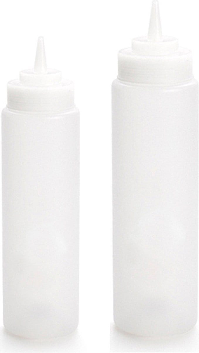 Doseerfles/sausfles - set 2x - 500/700 ml - met schenktuit - transparant wit - 18 en 23 cm