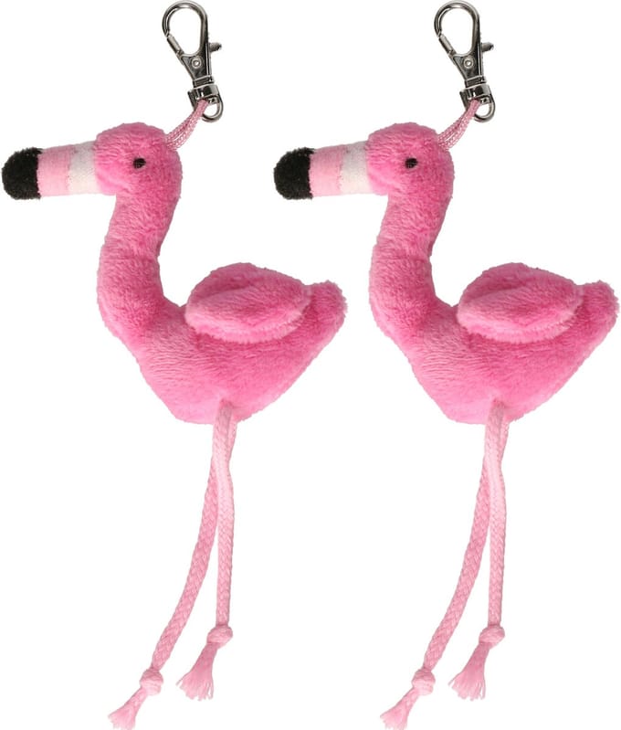Nature Planet Flamingo vogel sleutelhanger - 2x - pluche knuffeltjes - roze - 6 cm