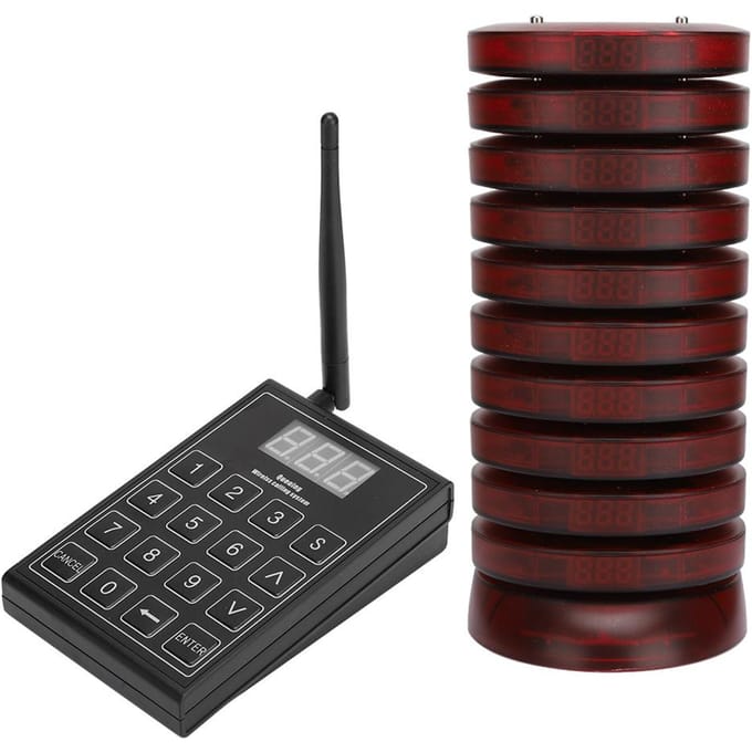 Système d'appel par téléavertisseur sans fil pour restaurant pour 1 émetteur à clavier 10 récepteurs UK Plug black