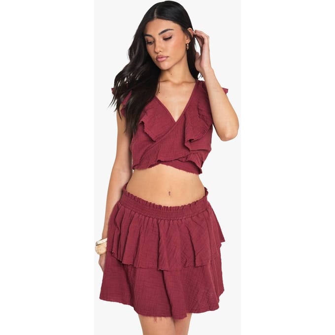 boohoo Dames Cheesecloth Dubbele Laag Ruffle Rara Mini Rok | Red | Maat: 12