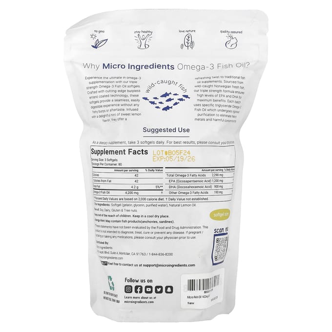 Huile de Poisson Oméga-3 Triple Force Citron 240 Gélules Molles (1 400 mg par capsule molle)
